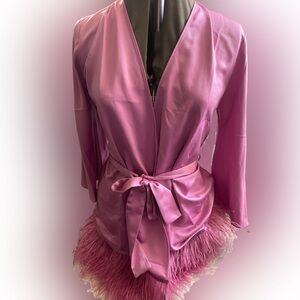 Rya Collection Satin Robe with Feather Trim - Rose